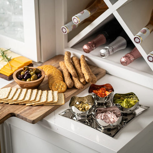 Snack Set Tray & 4 Bowls - Serving Bowls - Stainless Serving Tray - By Colleta Home