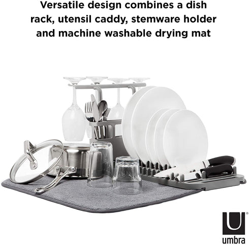 Umbra Udry Rack and Microfiber Dish Drying Mat-Space-Saving Lightweight Design Folds Up for Easy Storage, Standard w, Charcoal