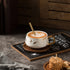 TILANY Tea Cup and Wooden Saucer Set - Luxury 10 Oz Ceramic Latte Mug with Golden Spoon & Coffee Saucer Fancy Gold Planted Handle Coffee Cups Modern Teacup Set for Women, Men (White)