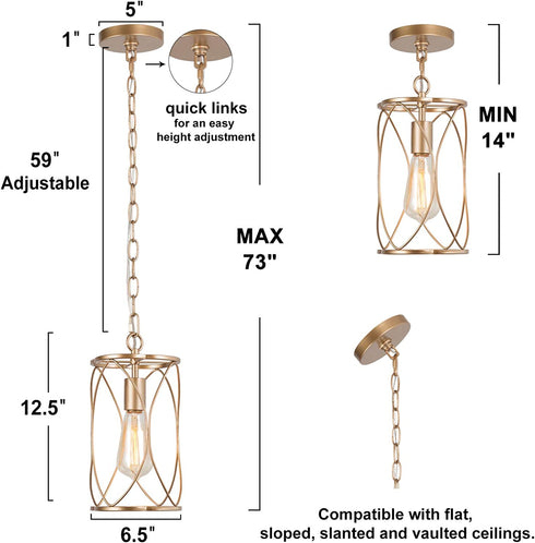 Optimant Lighting Gold Pendant Lighting for Kitchen Island, Modern Cage Hanging Light Fixture for Hallway, Dining Room, Foyer and Bedroom