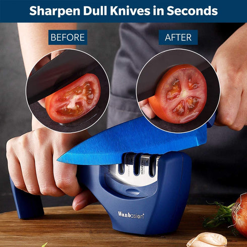 Wanbasion Blue Kitchen Knife Sharpener Professional 3 Stages, Kitchen Knife Sharpener Manual Sharpening, Knife Sharpener for Kitchen Knives with Stainless Steel Ceramic Diamond Blade