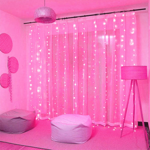 JMEXSUSS Pink Curtain Lights, 300LED Remote Control Pink Lights, 8 Modes Window Curtain Lights For Bedroom Party Room Decor