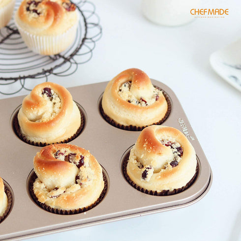 CHEFMADE Muffin Cake Pan, 6-Cavity Non-Stick Cupcake Pan Bakeware for Oven Baking (Champagne Gold)