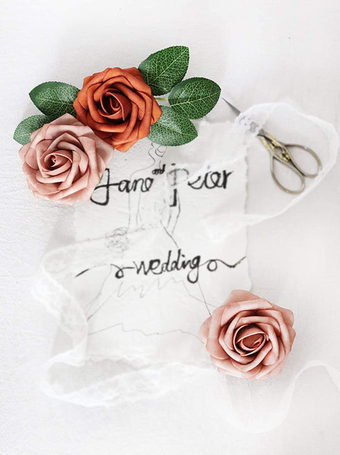 Medoliya Artificial Flowers 25PCS Real Looking Foam Roses Fake Roses with Stems for DIY Wedding Bouquets Centerpieces Baby Shower Party Home Decorations (Burnt Orange & Warm Taupe)