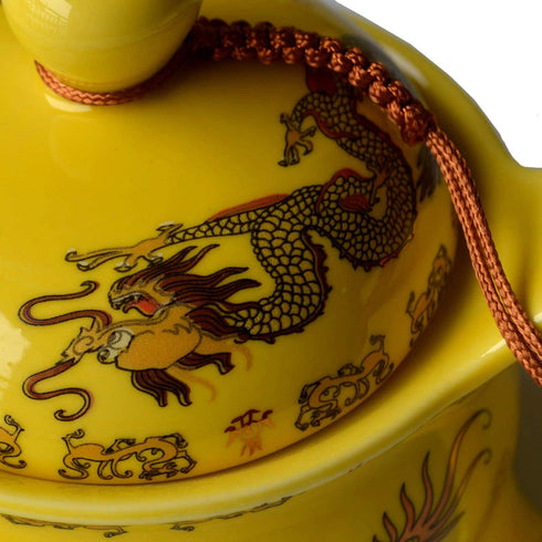 Teapot 12oz Chinese King Yellow Porcelain Flying Two Dragon Game Bead Sea Stainless Mash Infuser for Loose Tea (Yellow Golden dragon)