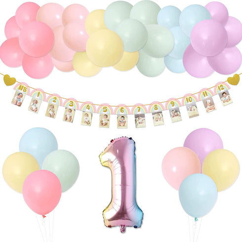 Rainbow Photo Banners kit, Pastel Rainbow 12 Months First Birthday Garland Unicorn Balloons Arch For Baby Girls 1st Birthday Party Decorations