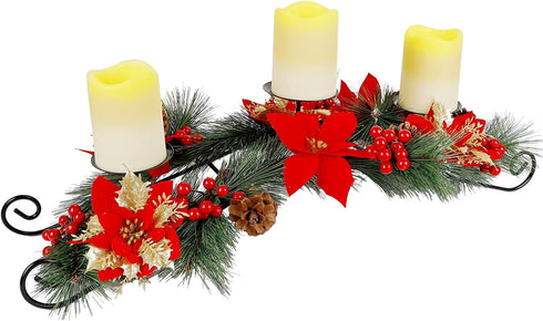 Prsildan 26 Inch Christmas Centerpiece Candle Holders Set, Christmas Tabletop Poinsettia Centerpiece with 3 Flameless Candles, Pinecones, Red Berries, Holiday Decorations for Table Mantel Xmas Party