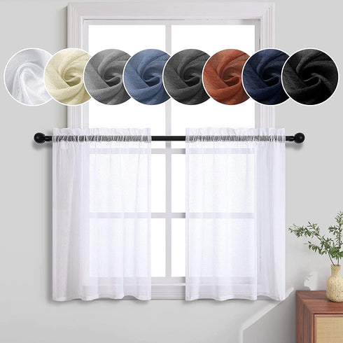 White Sheer Curtains 30 Inch Length Half Window Curtains Rod Pocket Light Filtering Short Semi Sheer for Kitchen Bathroom Sunroom Faux Linen Textured Small Cafe Tiers 30x30 Inches Long Set 2 Panels