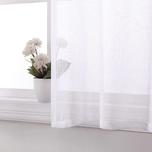 White Sheer Curtains 30 Inch Length Half Window Curtains Rod Pocket Light Filtering Short Semi Sheer for Kitchen Bathroom Sunroom Faux Linen Textured Small Cafe Tiers 30x30 Inches Long Set 2 Panels