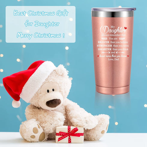 Inspirational Tumbler Gift for Daughter, Daughter Birthday Gift from Dad, Always Remember You are Braver Than You Believe, Christmas Graduation Gifts, 20 oz Mug Tumbler with Straw Lid and Brush