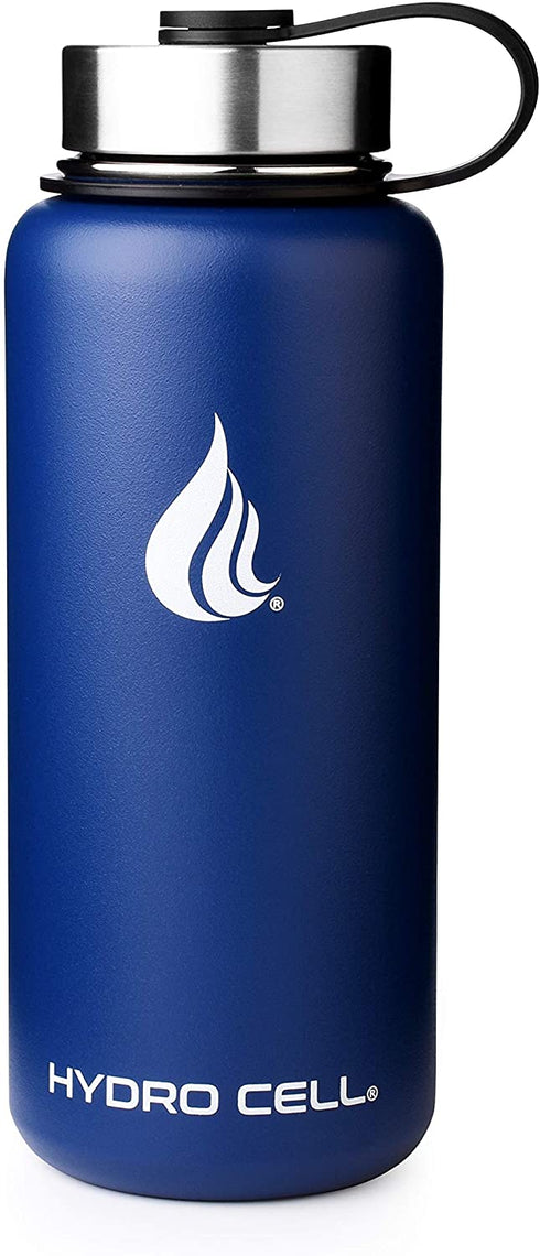 HYDRO CELL Stainless Steel Water Bottle w/ Straw & Wide Mouth Lids (64oz 40oz 32oz 24oz 18oz 14oz) - Keeps Liquids Perfectly Hot or Cold with Double Wall Vacuum Insulated Sweat Proof Sport Design (Navy Blue 32oz)