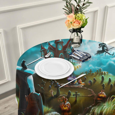 ZZKKO Happy Halloween Round Tablecloths 60" Retro Flying Witch Circular Table Linen Cloth Cover Mat Lace Washable Polyester for Dinner Party Holiday Home Decor