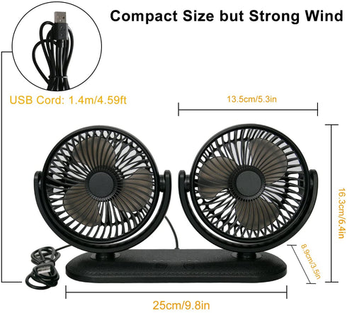 TriPole Car Fan Portable Vehicle Fan Dual Head Electric Fan Vehicle Mounted USB Fan 300 Degree Rotation Auto Cooling Fan 3 Speed Strong Wind Desk Fan for Dashboard SUV RV Truck Sedan Home Office