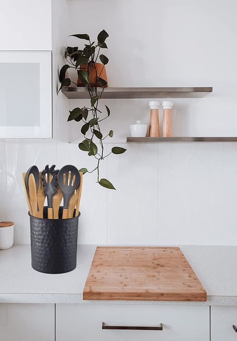 Monarch Abode Hand Hammered Kitchen Utensil Holder Crock, Large, Black