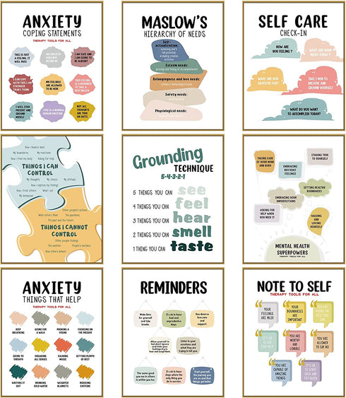 Mental Health Posters Anxiety Therapy Motivational Poster Psychologist Counselor Inspirational Posters Positive Quotes Wall Decor Classroom for Home Office, 8 x 10 Inch (Retro Style,9 Pieces)