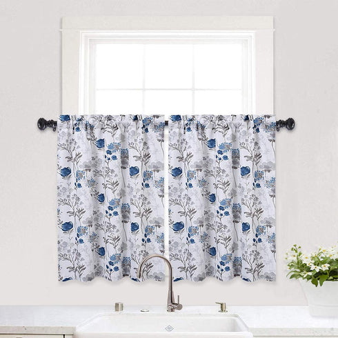 Haperlare Navy Blue Cafe Curtains 36 Inches Length, Watercolor Flowers Rod Pocket Short Tier Curtains for Kitchen Leaf Floral Bathroom Window Curtains, Blue/Grey