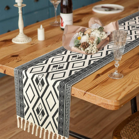 Boho Table Runners with Tassels Rustic Bohemian Woven Table Runner for Summer, Spring Holiday, Catering Events, Dinner Parties, Wedding, Indoor and Outdoor Parties, 14" x 70" (Black White, 14" x 108")