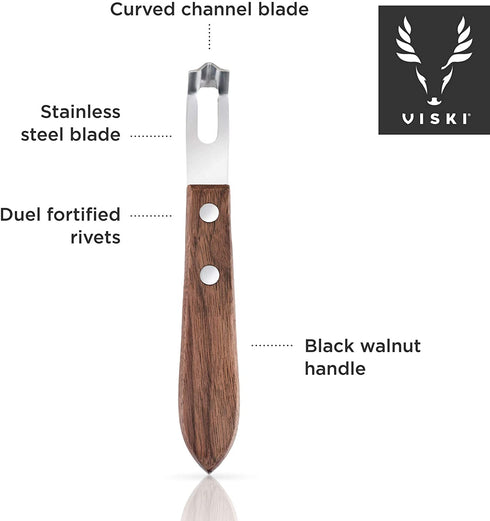 Viski Channel Knife, Cocktail Garnish Citrus Zester, Walnut Wood & Stainless Steel Bar Tool with Rivets, Set of 1, Brown