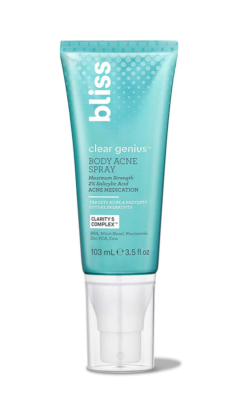 Bliss Clear Genius Body Acne Spray | Maximum Strength 2% Salicylic Acid Shrinks & Prevents Body Acne | Clean | Cruelty-Free | Paraben Free | Vegan | 3.5 oz