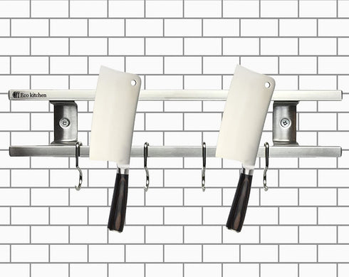 Magnetic Knife Holder for Wall - Metal Knife Magnetic Strip 12 Inch - Stainless Steel Knife Magnet Bar Rack With Hooks - Kitchen Utensil Holder and Knife Storage Holder