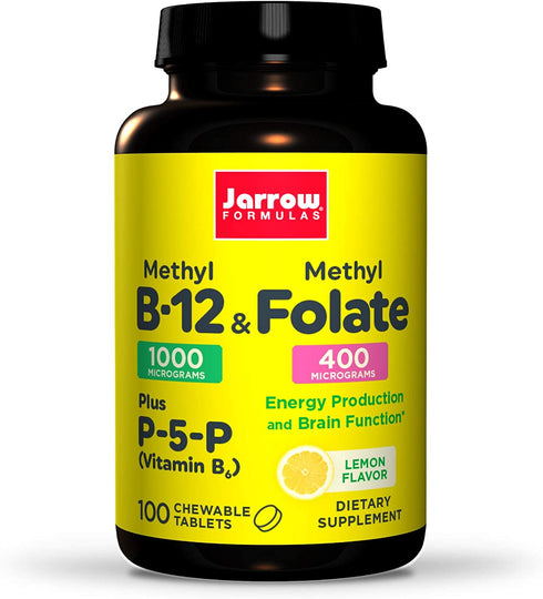 Jarrow Formulas Extra Strength Methyl B-12 & Methyl Folate-100 Chewable Tablet, Lemon Flavored-Bioactive Vitamin B12 & B9-Cellular Energy & Cardiovascular Support- Non-GMO & Gluten Free