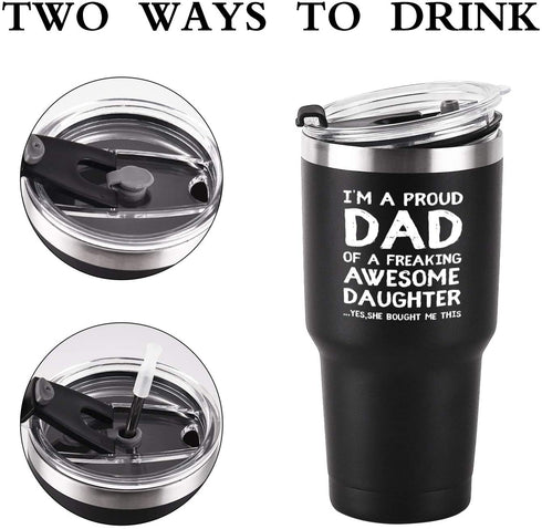 I'm A PROUD DAD Travel Tumbler Funny Birthday Christmas Gifts for Dad Father Men Father's Day from kids daughter, 30 Oz Insulated Stainless Steel Tumbler, Black