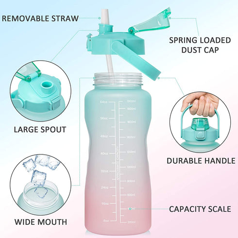 64 OZ/Half Gallon Motivational Water Bottle with Time Marker & Straw - BPA Free Leakproof Tritan Frosted Plastic Big 2L Water Bottle for Women Men Large Water Jug for Fitness Gym Outdoor Sport