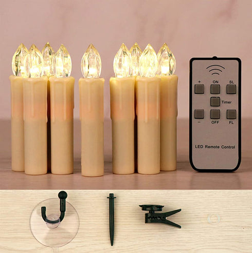OWLBAY Set of 10 Ivory Flameless Window Candles, 4H Battery Operated LED Flickering Taper Candles with Remote and Timer, Warm White Candlelight, Ideal for Chandelier/Birthday/Christmas/Party Decor