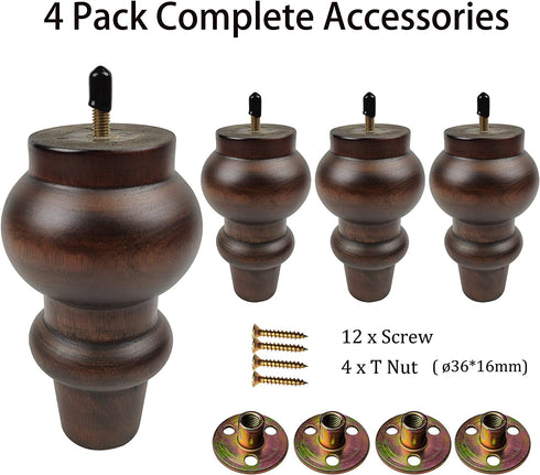 Couch Legs 6 inch Wood bun Furniture feet Set of 4 for Sofa Armchair Ottoman Coffee Table etc with Screw Install kit (6 inch bun Legs)