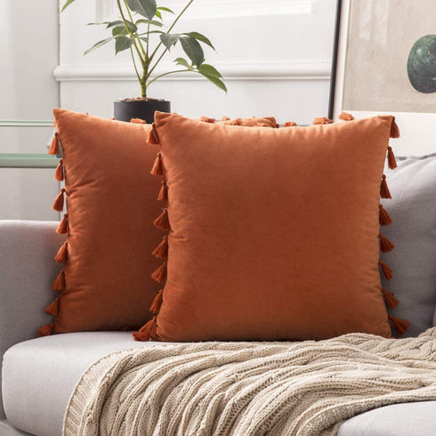 MIULEE Pack of 2 Velvet Soft Solid Decorative Throw Pillow Cover with Tassels Fringe Boho Accent Cushion Case for Couch Sofa Bed 20 x 20 Inch Orange