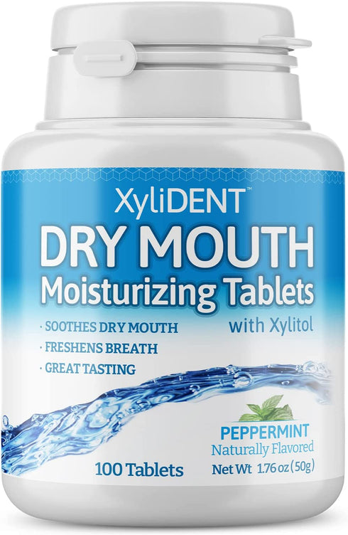 XyliDENT Xylitol Tablets for Dry Mouth Relief - Stimulates Saliva, Freshens Breath, Reduces Acid Production, Fast Acting Relief, 100 Count (Peppermint)