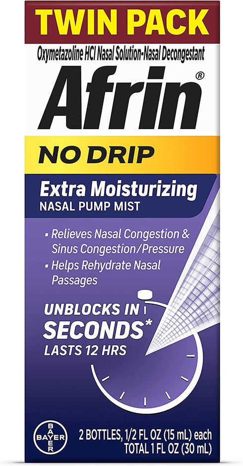 Afrin No Drip Extra Moisturizing Pump Nasal Mist Twin Pack, Congestion Relief, 1 Fluid Ounce Total (0.5 FL OZ Bottles) (Packaging May Vary)