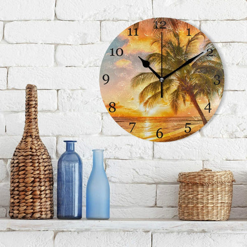 KUWT Palm Tree Wall Clock Silent Non-Ticking, Beach 9.5 Inch Round Wall Clock Battery Operated Hawaiian Coastal Clock Decor for Home Wall Bathroom Kitchen Bedroom Living Room Office Classroom Patio