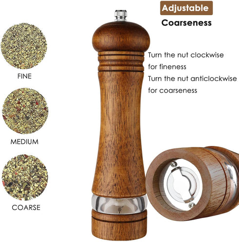 2-Piece Salt and Pepper Grinder Set, 8 Inch Wooden Salt and Pepper Mills with Adjustable Coarseness, Refillable Manual Pepper Mill Grinder for Home Cooks (Brown)