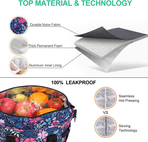 KIPBELIF Insulated Lunch Bags for Women - Large Tote Adult Lunch Box for Women with Shoulder Strap, Side Pockets and Water Bottle Holder, Blue Pink Flower, Normal Size