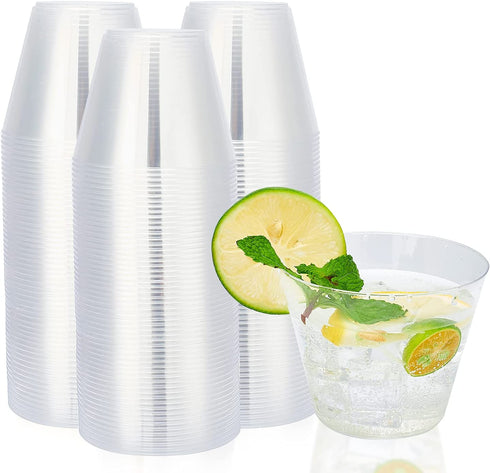 100 Pack 9oz Clear Plastic Cups, POPOPUL Disposable Cups Heavy Duty Plastic Cups Tumblers, Reusable Clear Hard Plastic Cups for Wedding Party, Halloween, Thanksgiving, Christmas