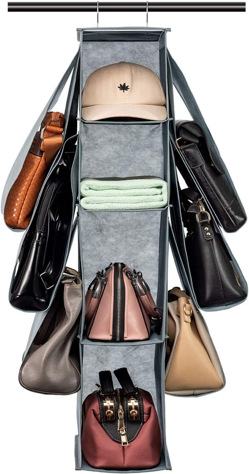 SAVERHO Hanging Purse Organizer,Closet Purse Organizer with 10 Compartments Handbag Storage Organizer for Wardrobe Accessories Storage Bag (Grey)