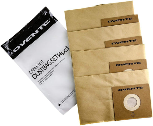 Ovente 4-Pack Premium Disposable Compact Dust Bag Replacement with 99.9% Ultra Filtration, Fit for ST1600 Canister Vacuum Cleaner Model Series Large Size and Easy Storage, Brown ACPST16704