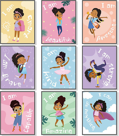 Outus 9 Pieces Girls Room Decor Black Girl Wall Painting Art Decor Motivational Black Girl Posters Girls Bedroom Motivational Art Paint for Kids Teen Girls Room Wall Decorations,Unframed, 8 x 10 Inch