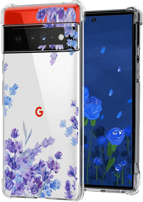 Google Pixel 6 Case Clear with Lavender Floral Flower Pattern Design for Google Pixel 6 Slim Thin Soft Silicone TPU Protective Phone Cover for Google Pixel 6 Women Girls-Purple Lavender