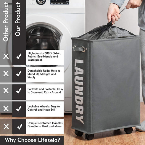 Lifesela Slim Rolling Laundry Basket, 22 Laundry Hamper with Wheels, Collapsible Dirty Clothes Hamper with Drawstring Mesh Cover, Corner Clothes Hamper Laundry Bin with Handle (Grey)