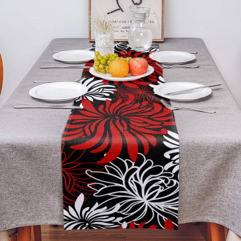 Floral Table Runner-Red Black White Cotton linen-Long 90 inche Dresser Scarves,Flower Tablerunner for Kitchen Coffee/Dining Table Bedroom Home Living Room,Scarf Decor for Summer Spring Holiday Dinner