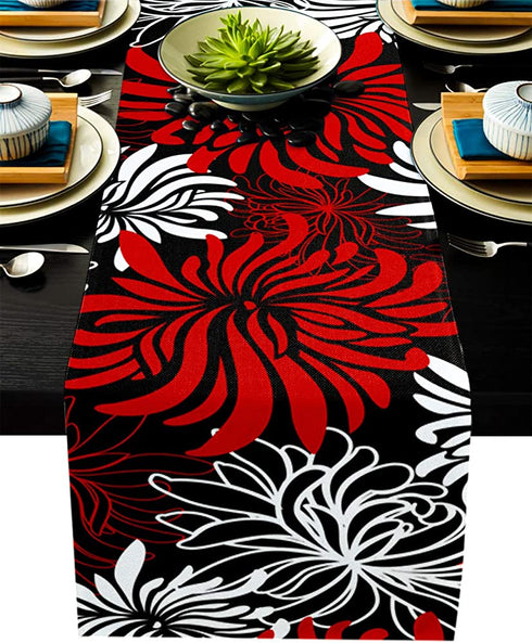 Floral Table Runner-Red Black White Cotton linen-Long 90 inche Dresser Scarves,Flower Tablerunner for Kitchen Coffee/Dining Table Bedroom Home Living Room,Scarf Decor for Summer Spring Holiday Dinner