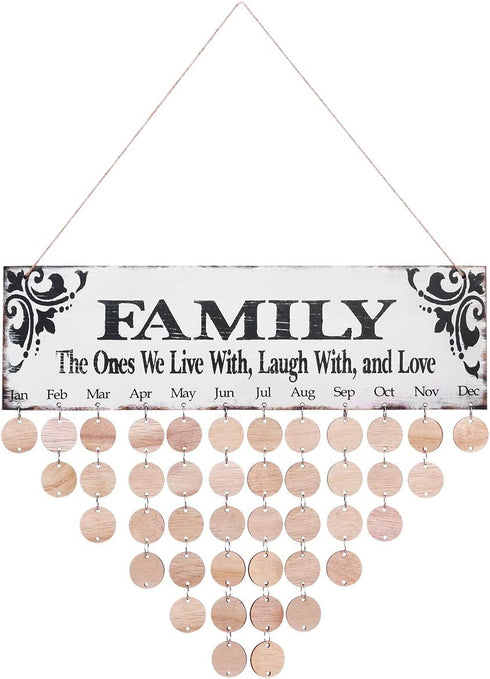 VORCOOL Family Birthday Hanging Plaque Board DIY Wooden Calendar Birthday Reminder Home Decor (1 Plaque/ 1 Rope/ 50 Round Discs)