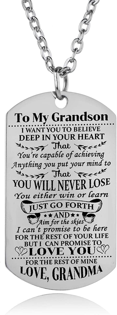 YEEQIN Grandson Necklace Love Grandson Dog Tag Believe Inspirational Gifts from Grandma Grandmother to Grandson Birthday Graduation Gifts