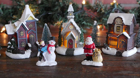 One Holiday Way Miniature LED Lighted 10-Piece Christmas Village Scene with Santa - Small Decorative Mini Light Up Tabletop Mantel Shelf Xmas Winter Decorations Home Decor