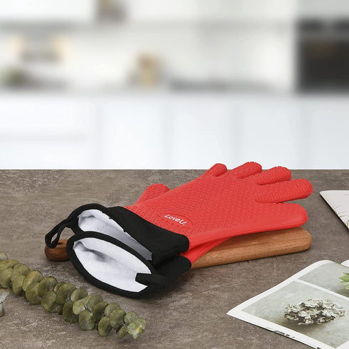 Loveuing Kitchen Oven Gloves - Silicone and Cotton Double-Layer Heat Resistant Oven Mitts/BBQ Gloves/Grill Gloves - Perfect for Baking and Grilling
