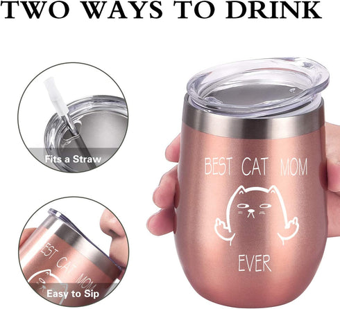 Funny Cat Themed Wine Tumbler Gift for Cat Mom, Pet Lover, Cat Owner, Fur Mom, Pet Grandma, Insulated Stainless Steel Wine Tumbler with Lid