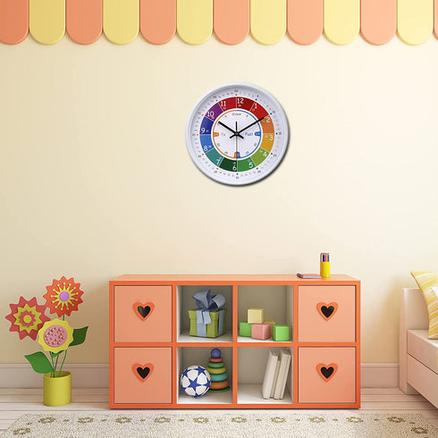 Telling Time Teaching Clock Silent Non Ticking Wall Clock-Learning Clock for School Classroom Playroom Bedroom (12 inch)