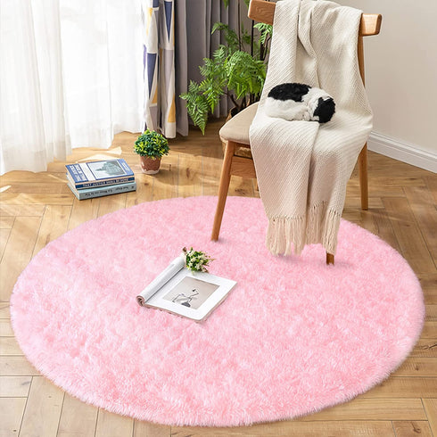ISEAU Fluffy Round Rug Carpets, Modern Shaggy Circle Rug for Kids Bedroom Extra Comfy Cute Nursery Rug Small Circular Carpet for Boys Girls Room Home Decor Area Rug, 4ft Rugs, Pink